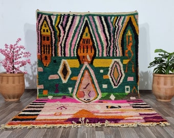 Moroccan Beni Ourain Rugs - Abstract  Boujaad Wool Shag Rugs - Hand-Knotted Multicolor Wool Rugs - Colorful Geometric Wool Shaggy Rug