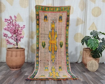 May include: A rectangular, beige rug with a central yellow and blue geometric design. The rug has a green border and is displayed on a wooden floor. Decorative plants and a patterned curtain are in the background.