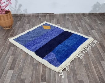 Gorgeous Beni Ourain Custom Rug - large Area Rug Hand Knotted - Woven rug- Colorful rug- Blue wool Beniourain Carpet - Unique Geometric Rug