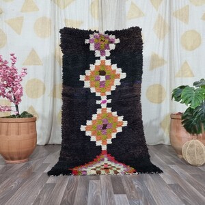 Amazing kitchen Rug Runner -Handwoven Black Rug Runner 2.2 x 5 ft-hallway Black Rug runner ,Moroccan Runner Rug-Authentic boujaad runner rug