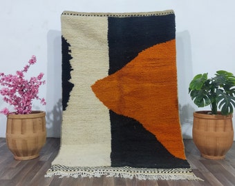 Tapis MAROCAIN BENIOURAIN UNIQUE -Laine de tapis géométrique -Tapis marocain orange -Tapis tissé à la main-Tapis Boujaad abstrait -Tapis en laine Cosy Chic.