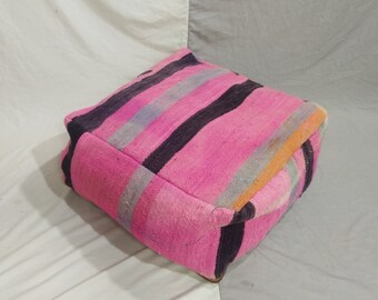 Pouf kilim unique en laine ancienne, pouf berbère en laine, coussin de sol marocain, pouf kilim rose, coussin de sol tissé à la main, oreillers kilim d'extérieur en laine