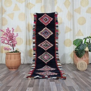 Luxurious Hand Woven Rug Runner -Berber Colorful Rug- Authentic boujaad runner rug -Authentic Moroccan Black rug -Berber Runner Carpets .