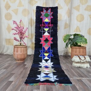 Authentic Moroccan Rugs -Black Rugs Runner -Amazing checkered Rug Runner ,Bedside Colorful Rug, Amazing checkered Rug -Handmade Rugs Runner