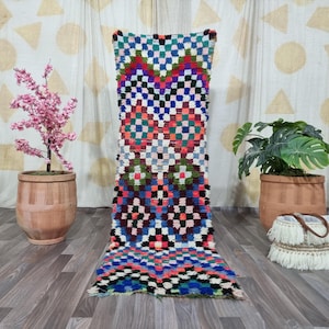 Checkered Bohemian Rug Runner ,Moroccan Runner Rug -Colorful Runner Rug -Authentic rug-Berber Runner Carpet- Bohemian Cozy Chic Rug