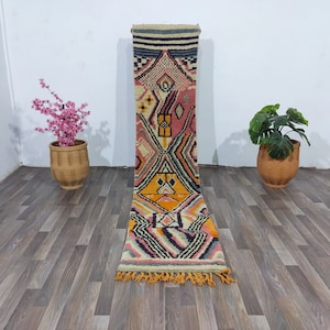 Gorgeous Beni Ourain Rug Runner -Moroccan Colorful Runner Rug - Wool Rug Runner -Berber Runner Carpet - Authentic boujaad runner rug