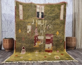 Gorgeous Beni Ourain Rug-Green And Beige Rug-Emerald Green Rug-woven rug-colorful rug-green wool Beniourain Carpet,Unique Geometric Rug