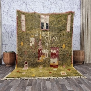 Prachtig Beni Ourain-tapijt - groen en beige tapijt - smaragdgroen tapijt - geweven tapijt - kleurrijk tapijt - Beniourain-tapijt van groene wol, uniek geometrisch tapijt