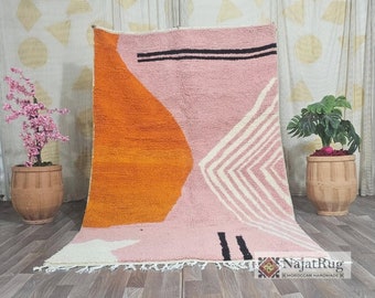 Gorgeous Beni Ourain Rug -Pink And Orange Rug -Abstract Baby Pink Rug -Woven colorful rug-Handmade Rug, Berber Aera Rug-Unique Geometric Rug