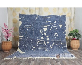 UNIQUE BENIOURAIN BLUE Rug -Engraved Wool Rug 8x10 -Custom All Sizes Rug ,Beni Ourain Colorful Rug -Tufted Geometric Rug -Wool Shaggy Carpet