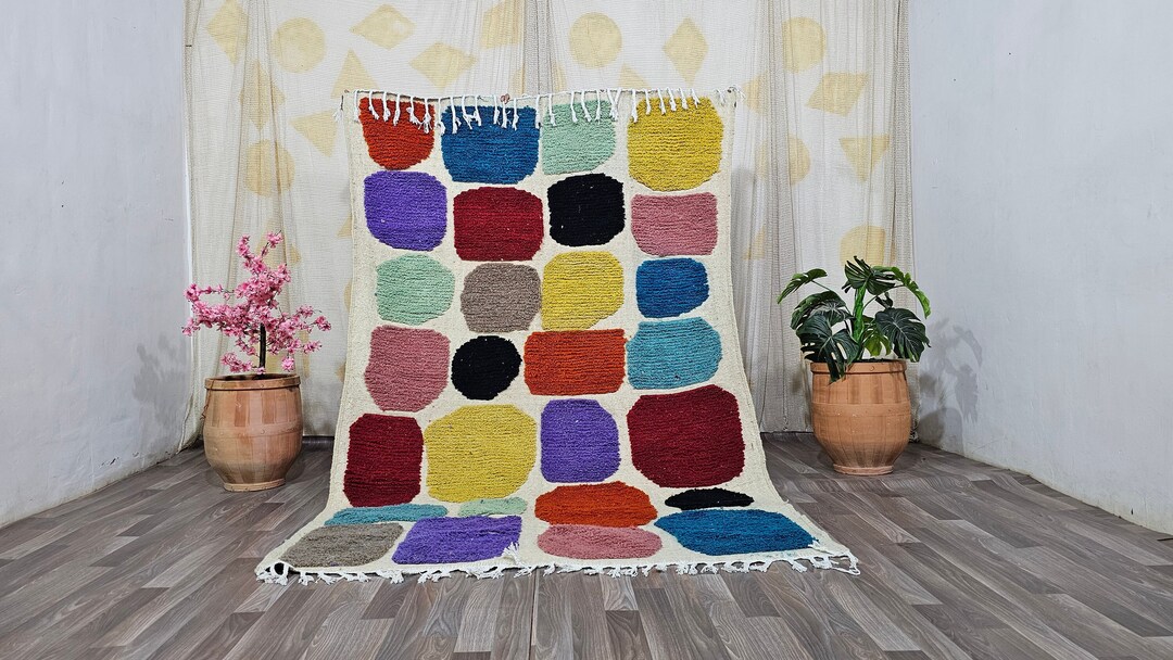 Engraved Rugs HAND TUFTED COLORFUL Rug , Beni Ourain Wool Rug -multicolored Engraved ...