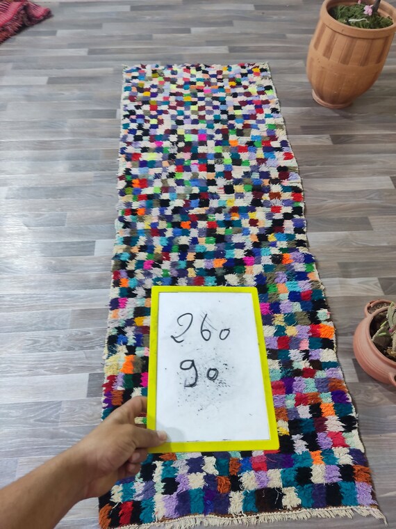 幾何学模様の多色ラグ モロッコ 手織り ランナーラグ 幾何学模様の多色ラグ モロッコ 手織り ランナーラグ ゴージャスな