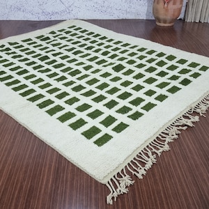 Handmade checkered Wool Carpets- Modern Shag Rug -flooring Custom rug- Emerald Green Rug- woven rug-colorful rug- Unique checkered Green Rug