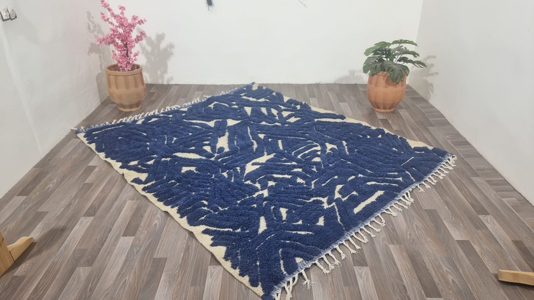 Blue Beni Ourain Rug Custom Moroccan Rug Wool Shaggy Rugs