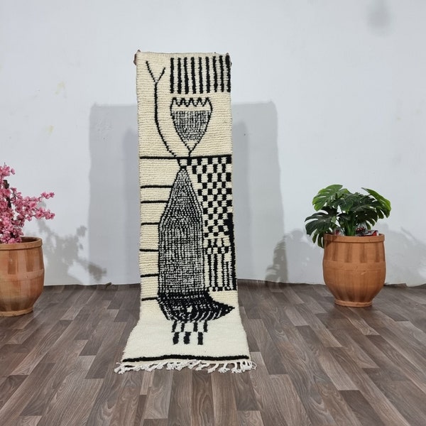 Gorgeous Beni ourain Runner Rug -Colorful Custom Rug-Black and whte rug-handmade Moroccan Rug-checkered Runner Rug -Azilal Rug Runner Caepet