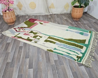 Sala de estar de alfombra marroquí única, alfombra Boujaad anudada a mano, alfombra colorida bereber- alfombra de aera geométrica -alfombra peluda de lana -alfombra boho aera chic acogedora