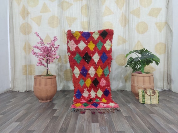 幾何学模様の多色ラグ モロッコ 手織り ランナーラグ マルチ
