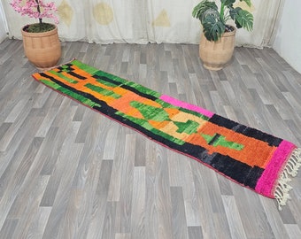 UNIQUE Hand Woven Green Rug Runner -Amazing Multicolored Rug ,Handmade Boujaad Rug, Abstract Berber Runner rug,Sheep Wool Rug ,Geometric Rug