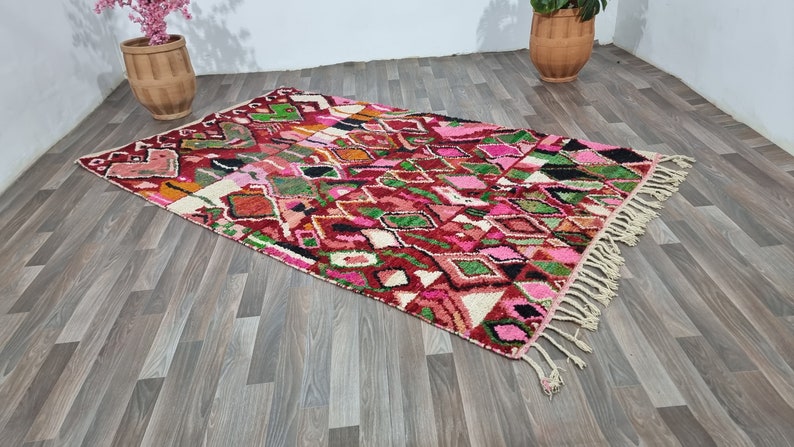 Magnifique tapis en laine multicolore, tapis marocain rouge, tapis géométrique unique, tapis boujaad coloré, tapis marocain de haute qualité, tapis géométriques uniques image 5