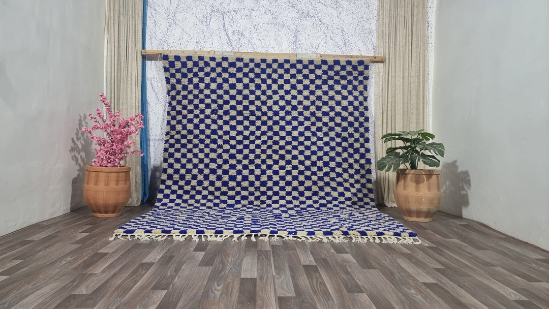 Large Checkered Berber Area Rug Blue Checkered Rug Checkered Etsy