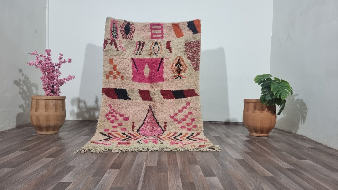 【希少・手織り】モロッコ製 ベルベルラグ／ハンドメイド・未使用 ベニオレイン カラフル ラグ - 大きなストライプ柄 エアラグ 手編み