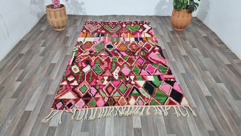 Magnifique tapis en laine multicolore, tapis marocain rouge, tapis géométrique unique, tapis boujaad coloré, tapis marocain de haute qualité, tapis géométriques uniques image 6