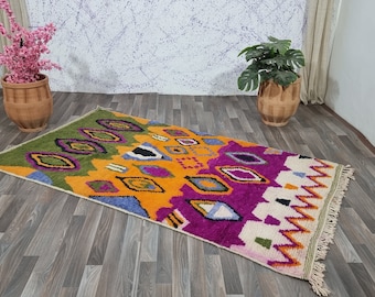 Hand Knotted Beni Ourain Wool Rug - Geometric Moroccan Colorful Rug - Handmade Wool Berber Rug – Colorful Moroccan Carpets , Custom Area Rug