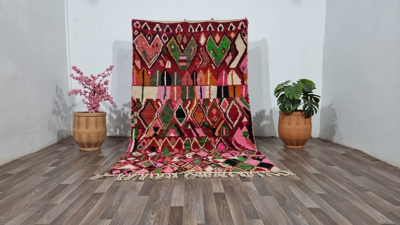 Magnifique tapis en laine multicolore, tapis marocain rouge, tapis géométrique unique, tapis boujaad coloré, tapis marocain de haute qualité, tapis géométriques uniques image 1