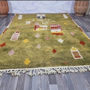 Gorgeous Beni Ourain Rug-Green And Beige Rug-Emerald Green Rug-woven rug-colorful rug-green wool Beniourain Carpet,Unique Geometric Rug