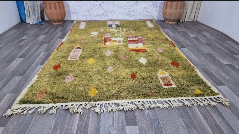 Gorgeous Beni Ourain Rug-Green And Beige Rug-Emerald Green Rug-woven rug-colorful rug-green wool Beniourain Carpet,Unique Geometric Rug