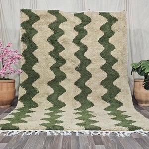 GREEN BENIOURAIN RUGS - Green And Beige Striped Wool Rug- Emerald Green Rug- woven colorful rug-Green Beniourain Rug -Unique Geometric Rug