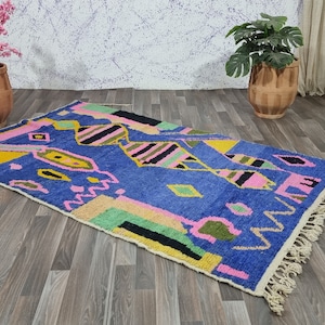 Artistic Moroccan Blue Wool Rug livingroom -Geometric Blue Rug wool ,Hand woven Rug- Abstract Boujaad Rug -Hand wovenBerber Colorful Rugs