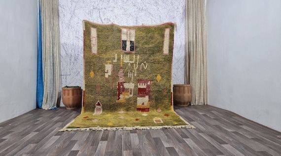 Gorgeous Beni Ourain Rug- Green And Beige Rug- Emerald Green Rug- woven rug-colorful rug- green wool Beniourain Carpet, Unique Geometric Rug