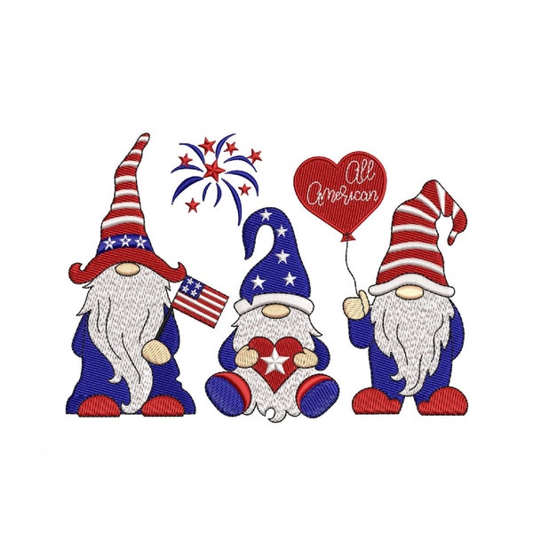 4th of July Gnomes Patriotic embroidery design, 3 sizes.