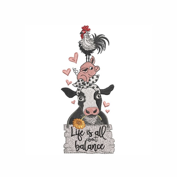 Life is all about balance embroidery design, farm animals design, 5 sizes, instant download.