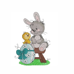 Bunny with chick and easter egg embroidery designs, Spring Embroidery, 5 sizes, digital download.