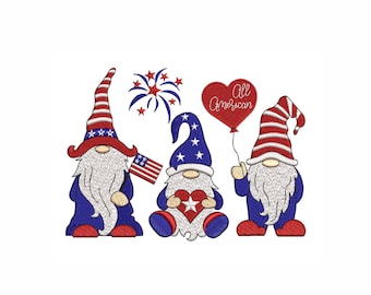 4th of July Gnomes Patriotic embroidery design, 3 sizes.