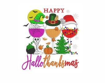 May include: Happy Hallothanksmas text with three wine glasses decorated for Halloween, Thanksgiving, and Christmas. The Halloween glass has a witch's hat, spider web, and skull. The Thanksgiving glass has a pilgrim hat and autumn leaves. The Christmas glass has a Santa hat and Christmas lights.