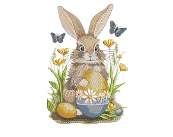 May include: A brown bunny rabbit holding a yellow and blue Easter egg with white daisies. The bunny is surrounded by green grass and yellow flowers. Two blue butterflies are flying above the bunny.