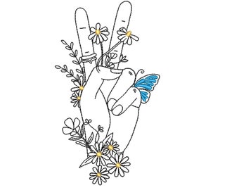 Peace Fingers Schild mit Blumen Maschinenstickerei Design.