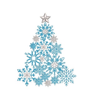 May include: A blue and silver snowflake Christmas tree design. The tree is made up of snowflakes of different sizes and shapes. A silver star sits at the top of the tree.