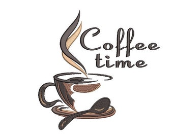 以下が含まれることがあります： 茶色のコーヒーカップから蒸気が立ち上り、茶色のスプーンと「Coffee time」という茶色の文字が書かれています。