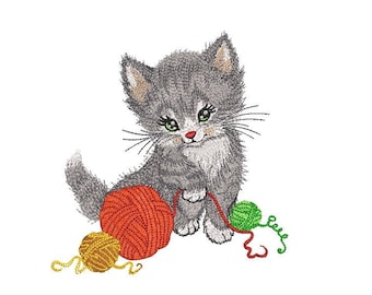 Kitten with balls  embroidery design, 4 sizes.