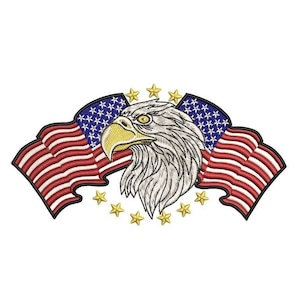 May include: An embroidered patch featuring a bald eagle with a white head and yellow beak, surrounded by two American flags and a circle of gold stars.