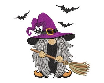Witch Gnome Embroidery Design: Halloween Embroidery (Instant Download)