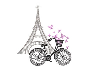 May include: A black bicycle with a basket filled with pink flowers, in front of a gray Eiffel Tower.