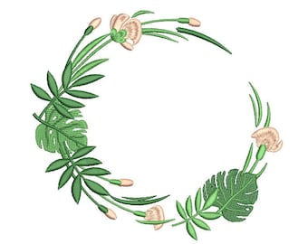 Tropische bladerenkrans, bloemframe borduurontwerp, 4 maten.