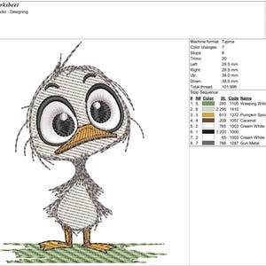 May include: An embroidered design of a cartoon duckling with large, expressive eyes and a yellow beak. The duckling is gray and white, with a slightly worried expression. The design is on a green patch, with the text "duck1" in the upper left corner.