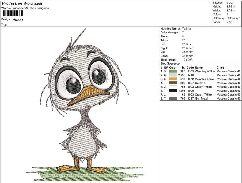 May include: An embroidered design of a cartoon duckling with large, expressive eyes and a yellow beak. The duckling is gray and white, with a slightly worried expression. The design is on a green patch, with the text "duck1" in the upper left corner.
