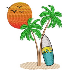 Surf Beach Embroidery Design: Palm Tree Landscape (Instant Download)